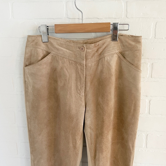 Vintage Y2K Women Leather Suede Pants Flare leg Tan Cream Scretch Pockets Sz 12 - Picture 3 of 13